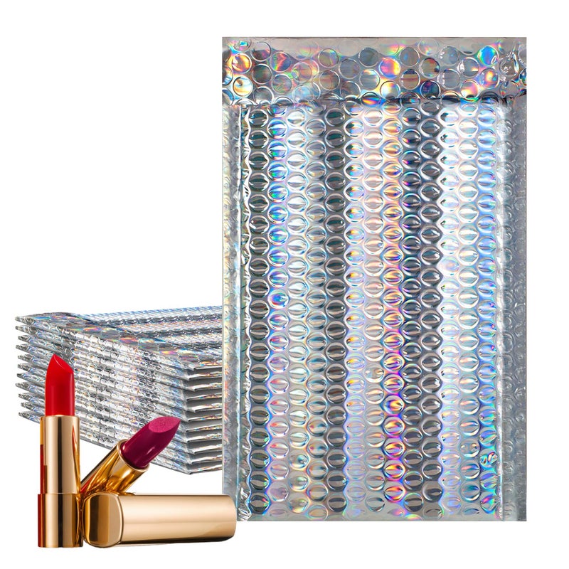 Amiff Holographic Bubble Mailers, 5 x 9 Inches. Pack of 25 Metallic Bubble Envelope. Opaque Glitter Padded Envelopes for Gifts. Waterproof Mailing Envelopes. Self-Seal Metallic Mailers - Image 1